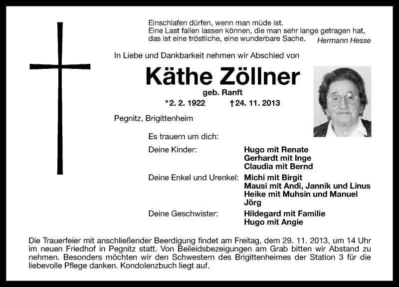  Traueranzeige für Käthe Zöllner vom 26.11.2013 aus Nordbayerische Nachrichten Pegnitz Lokal