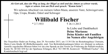 Traueranzeige von Willibald Fischer von Erlanger Nachrichten Lokal