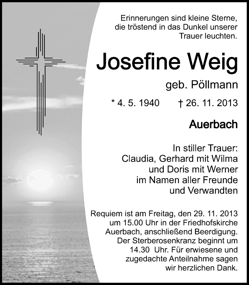  Traueranzeige für Josefine Weig vom 27.11.2013 aus Nordbayerische Nachrichten Pegnitz Lokal