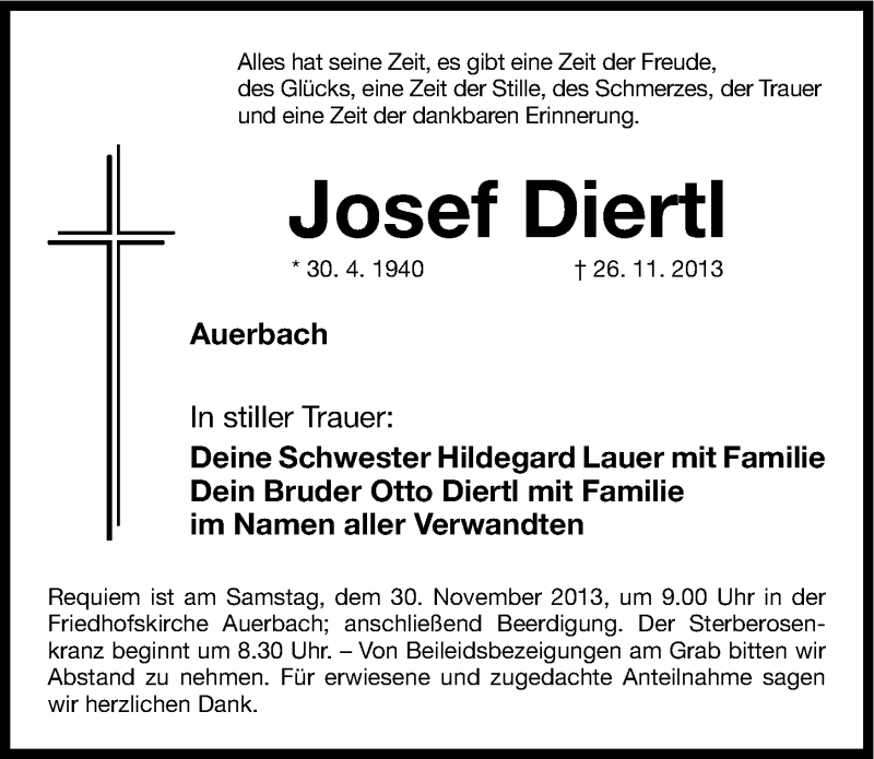  Traueranzeige für Josef Diertl vom 28.11.2013 aus Nordbayerische Nachrichten Pegnitz Lokal
