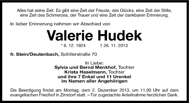  Traueranzeige für Valerie Hudek vom 29.11.2013 aus Fürther Nachrichten Lokal
