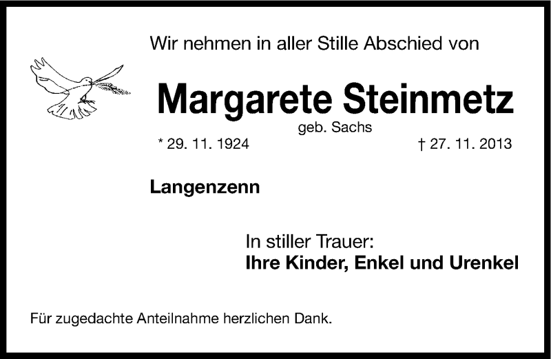  Traueranzeige für Margarete Steinmetz vom 30.11.2013 aus Gesamtausgabe Nürnberger Nachrichten/ Nürnberger Ztg.