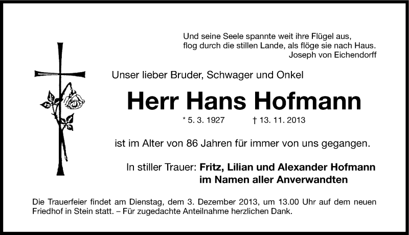  Traueranzeige für Hans Hofmann vom 30.11.2013 aus Gesamtausgabe Nürnberger Nachrichten/ Nürnberger Ztg.
