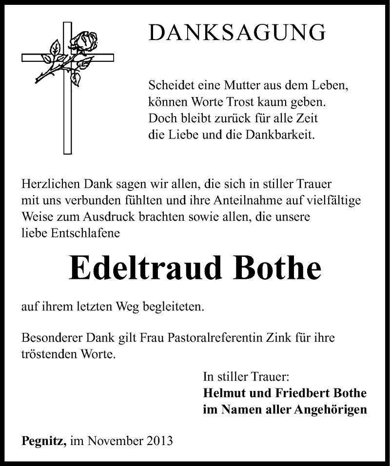  Traueranzeige für Edeltraud Bothe vom 30.11.2013 aus Nordbayerische Nachrichten Pegnitz Lokal