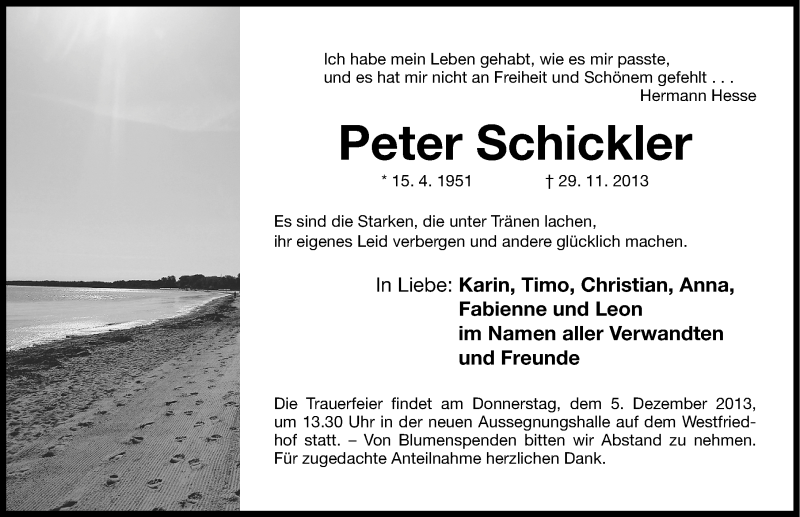  Traueranzeige für Peter Schickler vom 30.11.2013 aus Gesamtausgabe Nürnberger Nachrichten/ Nürnberger Ztg.
