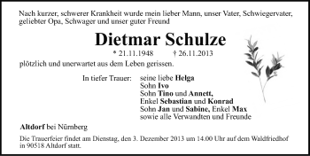 Traueranzeige von Dietmar Schulze von Gesamtausgabe Nürnberger Nachrichten/ Nürnberger Ztg.