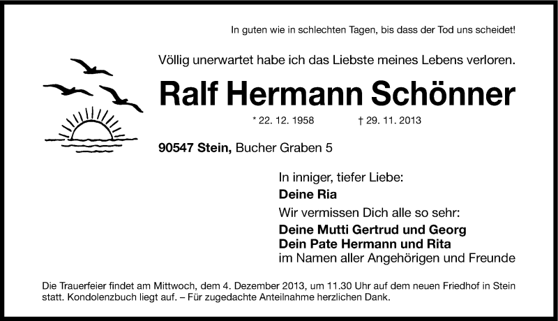  Traueranzeige für Ralf Hermann Schönner vom 02.12.2013 aus Gesamtausgabe Nürnberger Nachrichten/ Nürnberger Ztg.