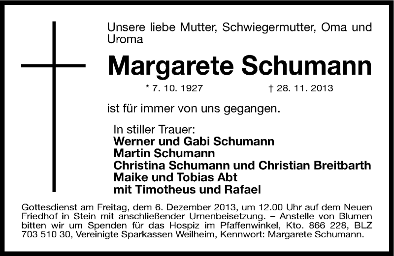  Traueranzeige für Margarete Schumann vom 03.12.2013 aus Gesamtausgabe Nürnberger Nachrichten/ Nürnberger Ztg.