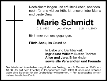 Traueranzeige von Marie Schmidt von Fürther Nachrichten Lokal