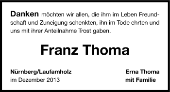 Traueranzeige von Franz Thoma von Gesamtausgabe Nürnberger Nachrichten/ Nürnberger Ztg.