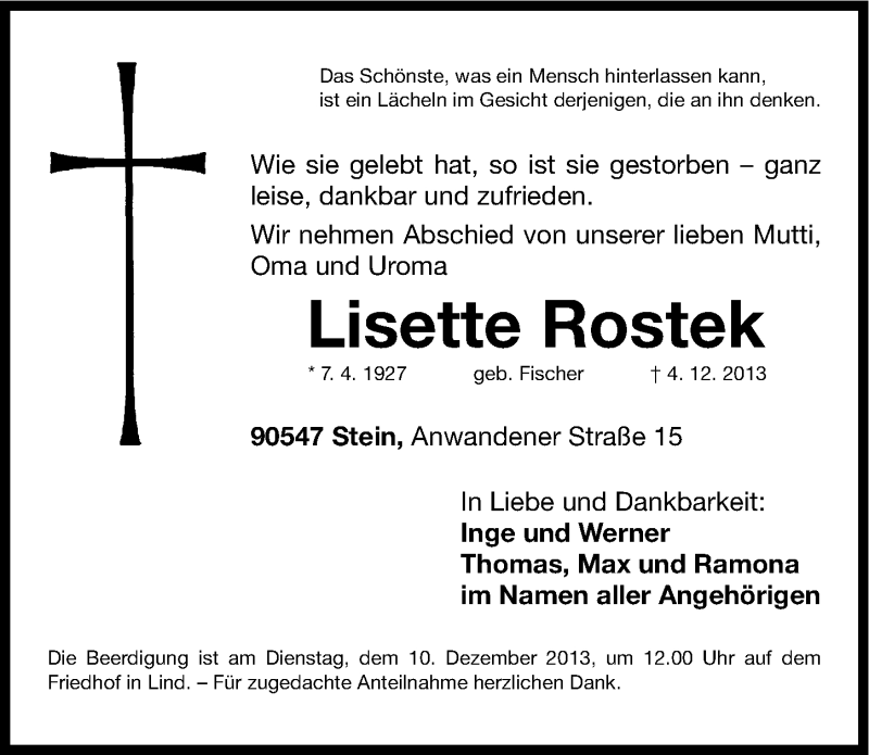  Traueranzeige für Lisette Rostek vom 06.12.2013 aus Fürther Nachrichten Lokal