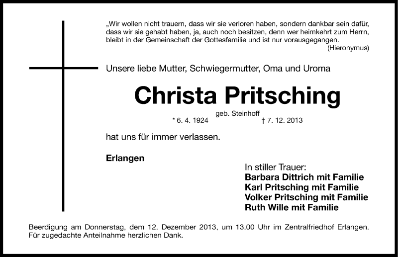  Traueranzeige für Christa Pritsching vom 10.12.2013 aus Erlanger Nachrichten Lokal
