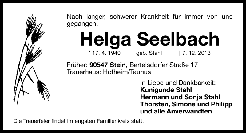  Traueranzeige für Helga Seelbach vom 11.12.2013 aus Gesamtausgabe Nürnberger Nachrichten/ Nürnberger Ztg.