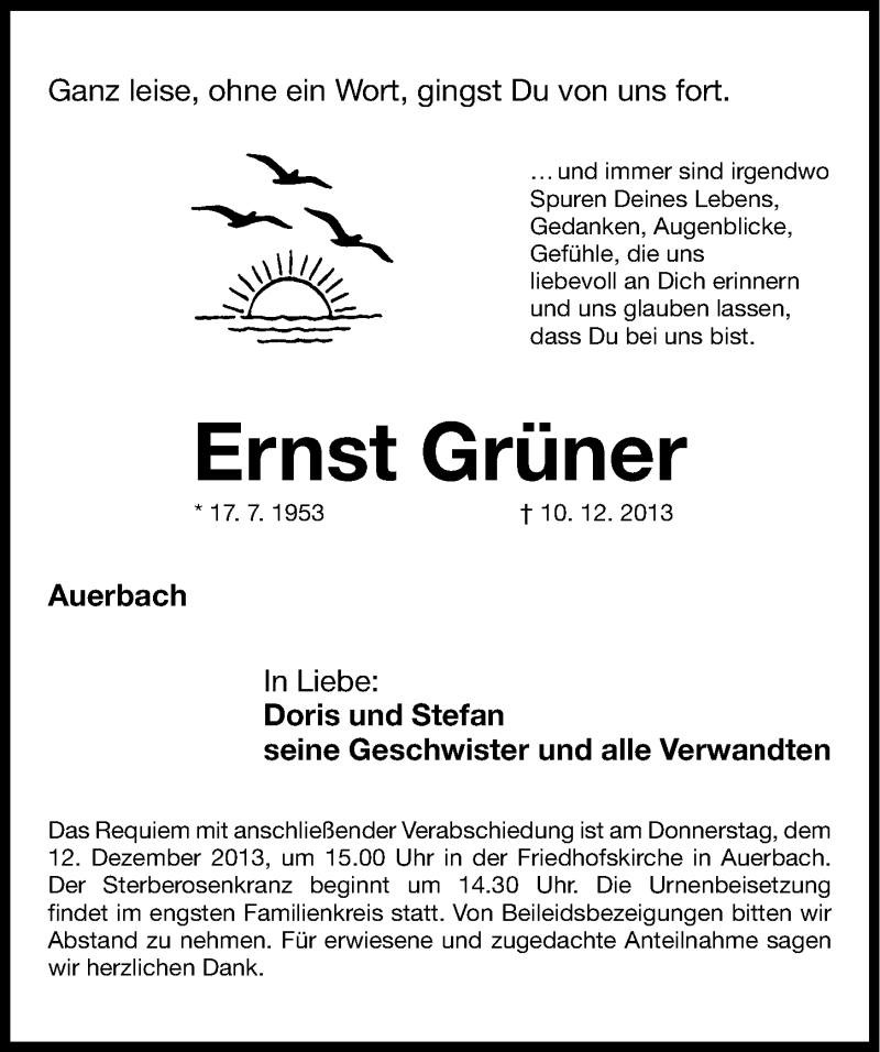  Traueranzeige für Ernst Grüner vom 11.12.2013 aus Nordbayerische Nachrichten Pegnitz Lokal