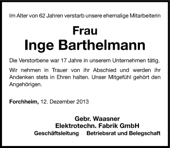 Traueranzeige von Inge Barthelmann von Nordbayerische Nachrichten Forchheim Lokal