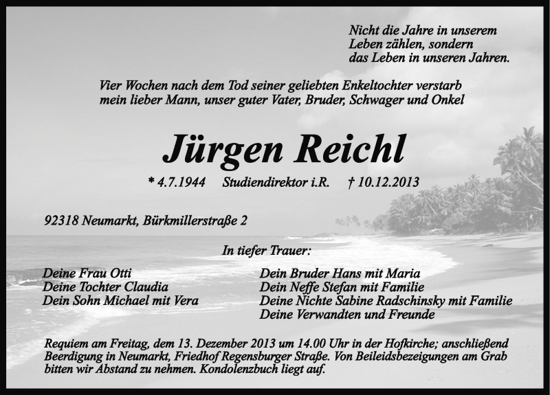  Traueranzeige für Jürgen Reichel vom 12.12.2013 aus Neumarkter Nachrichten Lokal