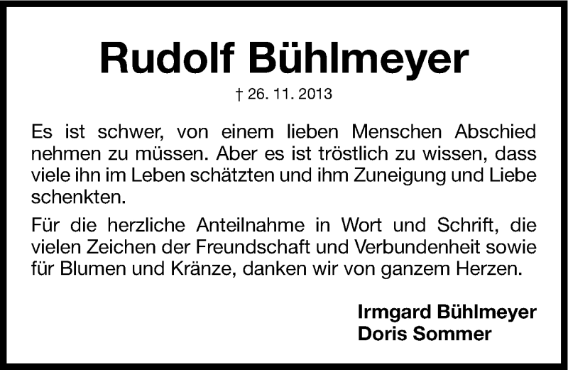  Traueranzeige für Rudolf Bühlmeyer vom 14.12.2013 aus Gesamtausgabe Nürnberger Nachrichten/ Nürnberger Ztg.