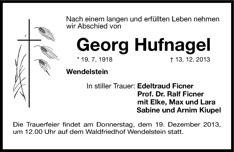  Traueranzeige für Georg Hufnagel vom 16.12.2013 aus Gesamtausgabe Nürnberger Nachrichten/ Nürnberger Ztg.