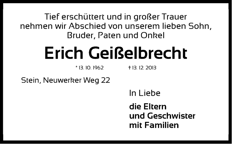  Traueranzeige für Erich Geißelbrecht vom 16.12.2013 aus Gesamtausgabe Nürnberger Nachrichten/ Nürnberger Ztg.