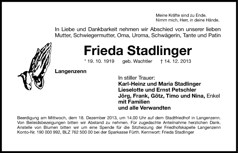  Traueranzeige für Frieda Stadlinger vom 16.12.2013 aus Fürther Nachrichten Lokal
