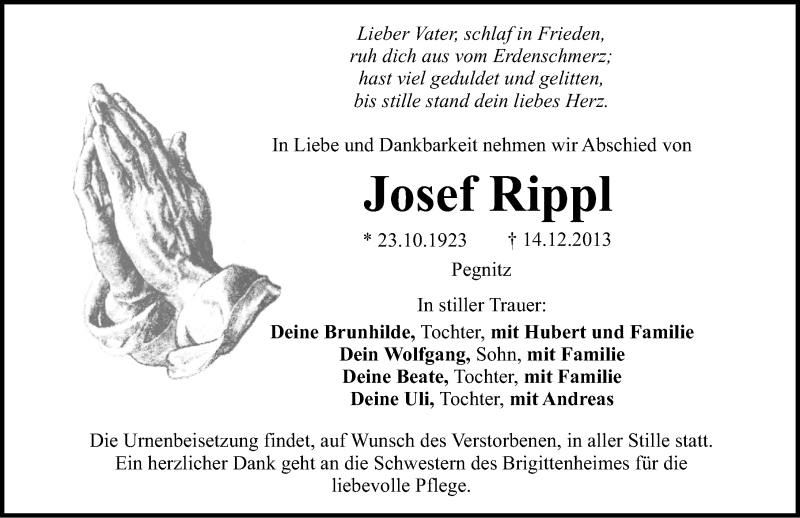  Traueranzeige für Josef Rippl vom 16.12.2013 aus Nordbayerische Nachrichten Pegnitz Lokal