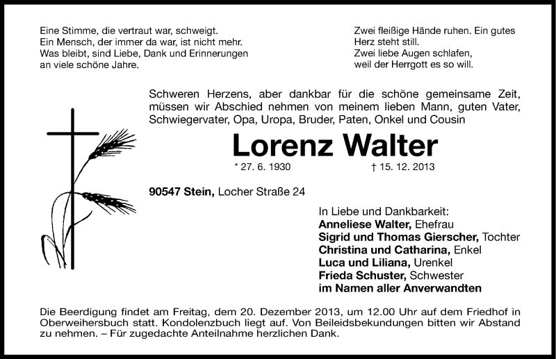  Traueranzeige für Lorenz Walter vom 19.12.2013 aus Gesamtausgabe Nürnberger Nachrichten/ Nürnberger Ztg.