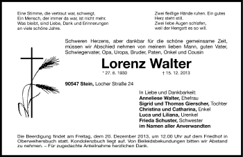 Traueranzeigen von Lorenz Walter | trauer.nn.de