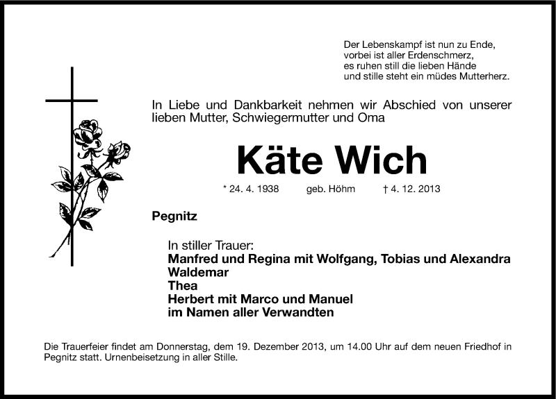  Traueranzeige für Käte Wich vom 18.12.2013 aus Nordbayerische Nachrichten Pegnitz Lokal