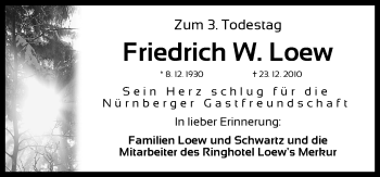 Traueranzeige von Friedrich Loew  von Gesamtausgabe Nürnberger Nachrichten/ Nürnberger Ztg.