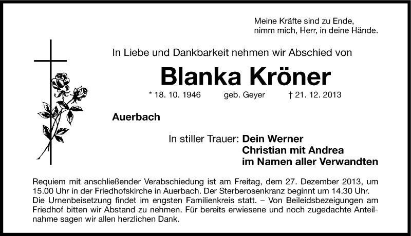  Traueranzeige für Blanka Kröner vom 23.12.2013 aus Nordbayerische Nachrichten Pegnitz Lokal