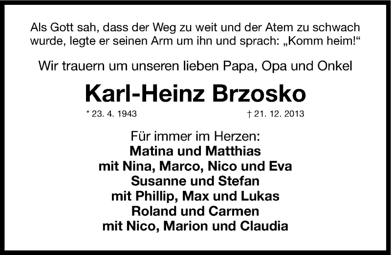  Traueranzeige für Karl-Heinz Brzosko vom 24.12.2013 aus Gesamtausgabe Nürnberger Nachrichten/ Nürnberger Ztg.