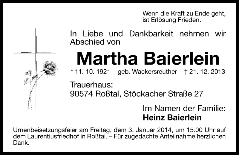  Traueranzeige für Martha Baierlein vom 28.12.2013 aus Fürther Nachrichten Lokal