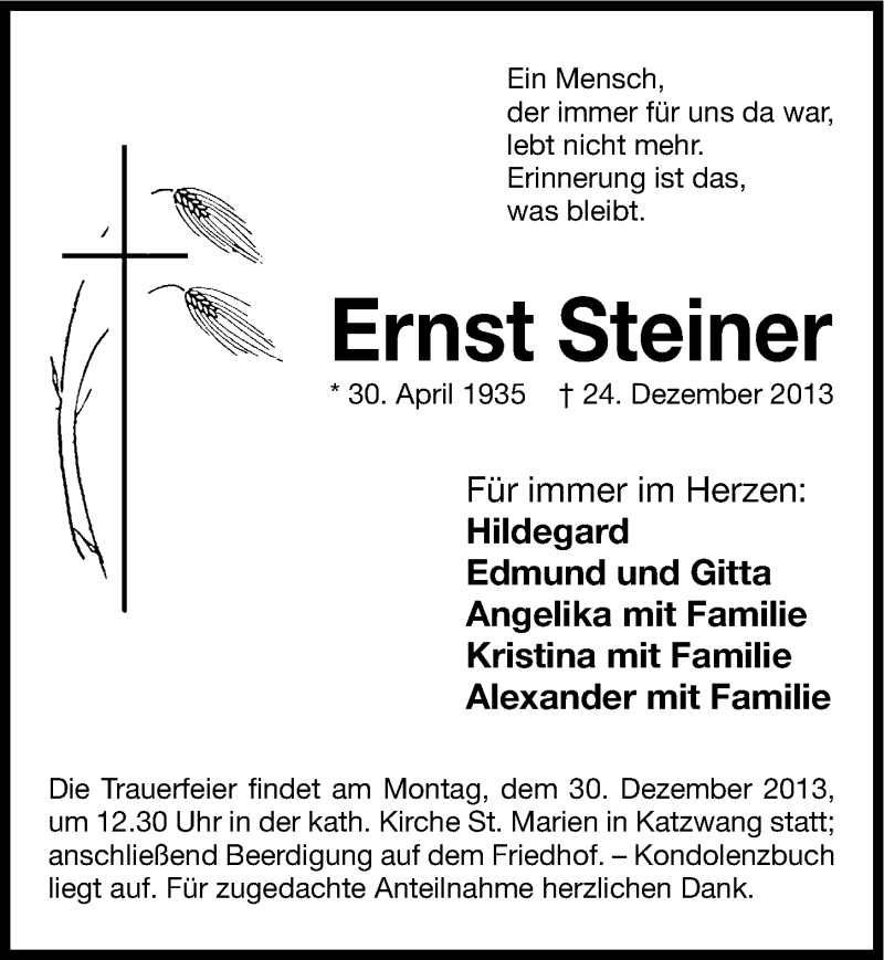  Traueranzeige für Ernst Steiner vom 28.12.2013 aus Gesamtausgabe Nürnberger Nachrichten/ Nürnberger Ztg.
