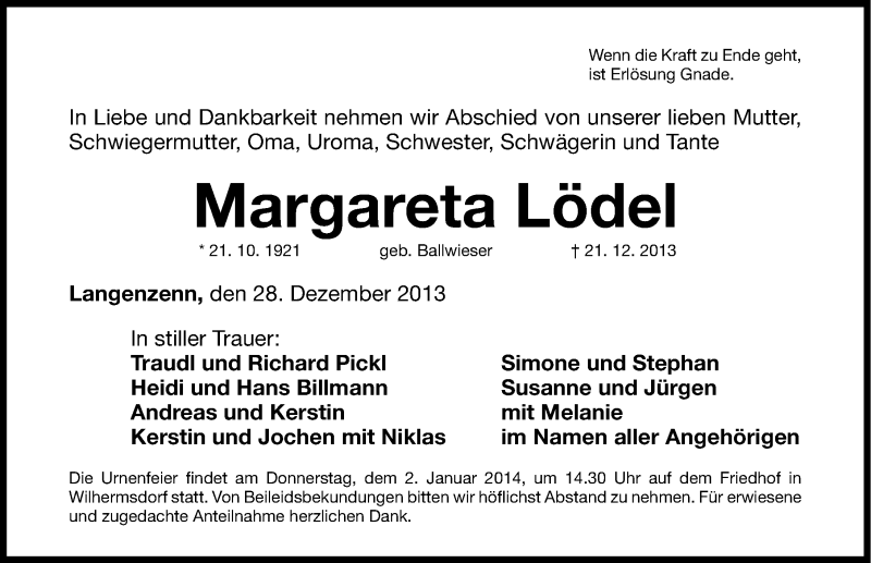  Traueranzeige für Margareta Lödel vom 28.12.2013 aus Fürther Nachrichten Lokal