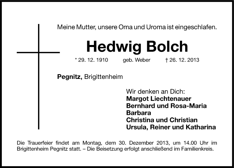  Traueranzeige für Hedwig Bolch vom 28.12.2013 aus Nordbayerische Nachrichten Pegnitz Lokal