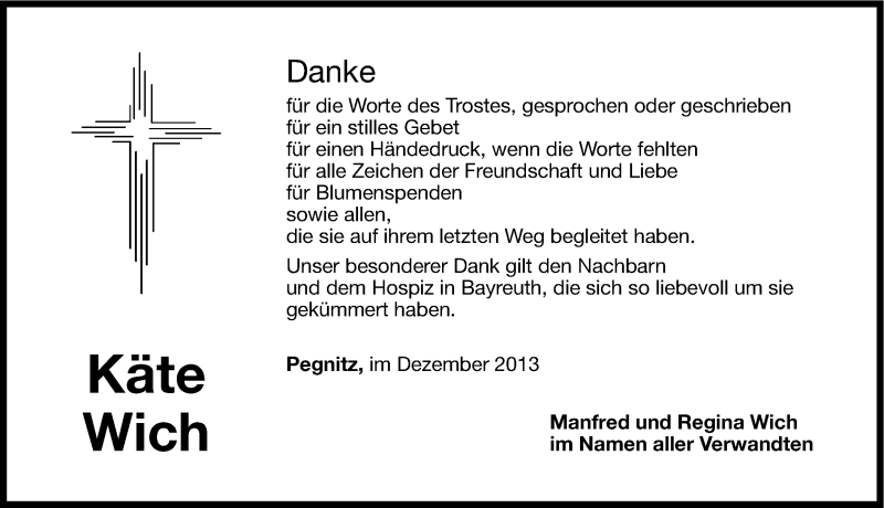  Traueranzeige für Käte Wich vom 28.12.2013 aus Nordbayerische Nachrichten Pegnitz Lokal