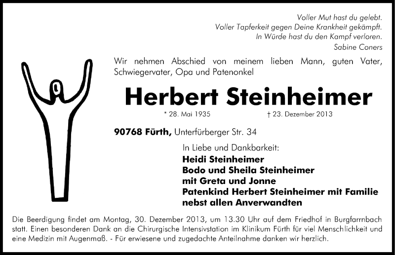  Traueranzeige für Herbert Steinheimer vom 28.12.2013 aus Fürther Nachrichten Lokal