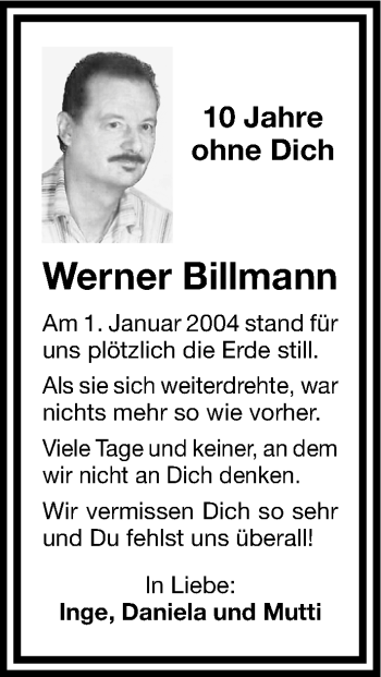 Traueranzeige von Werner Billmann von Gesamtausgabe Nürnberger Nachrichten/ Nürnberger Ztg.