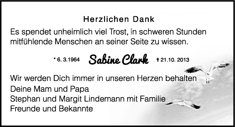  Traueranzeige für Sabine Clark vom 04.01.2014 aus Erlanger Nachrichten Lokal
