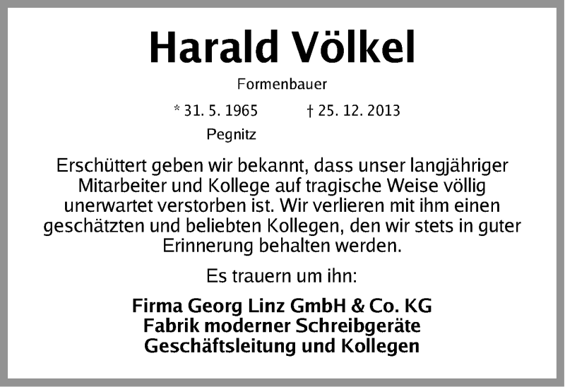  Traueranzeige für Harald Völkel vom 31.12.2013 aus Gesamtausgabe Nürnberger Nachrichten/ Nürnberger Ztg.
