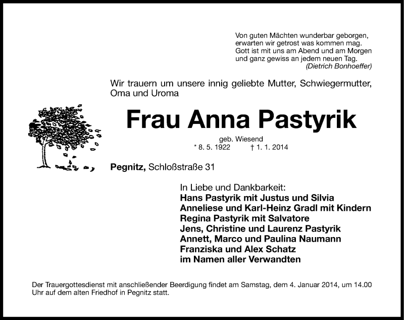  Traueranzeige für Anna Pastyrik vom 03.01.2014 aus Nordbayerische Nachrichten Pegnitz Lokal