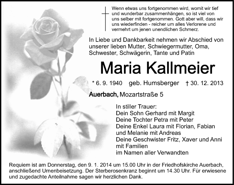  Traueranzeige für Maria Kallmeier vom 04.01.2014 aus Nordbayerische Nachrichten Pegnitz Lokal