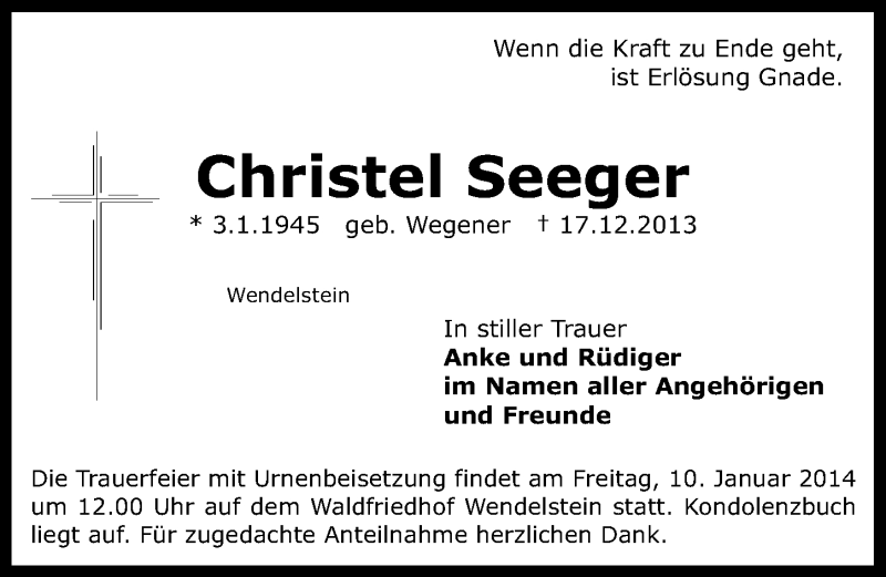  Traueranzeige für Christel Seeger vom 04.01.2014 aus Gesamtausgabe Nürnberger Nachrichten/ Nürnberger Ztg.