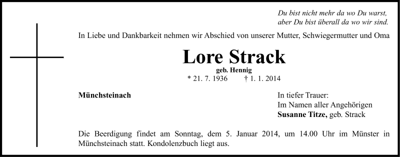  Traueranzeige für Lore Strack vom 04.01.2014 aus Gesamtausgabe Nürnberger Nachrichten/ Nürnberger Ztg.