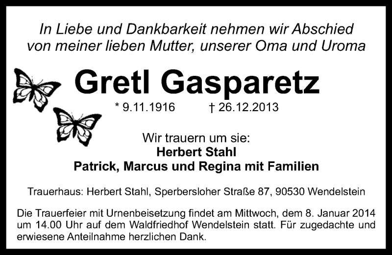  Traueranzeige für Gretel Gasparetz vom 04.01.2014 aus Gesamtausgabe Nürnberger Nachrichten/ Nürnberger Ztg.