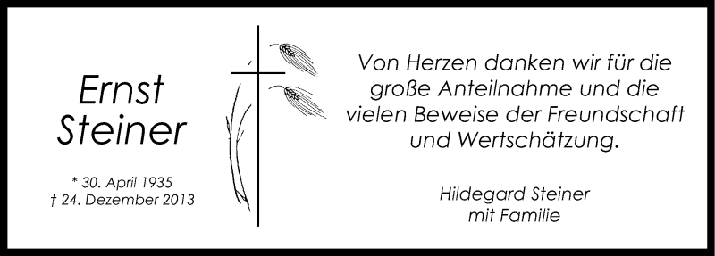  Traueranzeige für Ernst Steiner vom 04.01.2014 aus Gesamtausgabe Nürnberger Nachrichten/ Nürnberger Ztg.