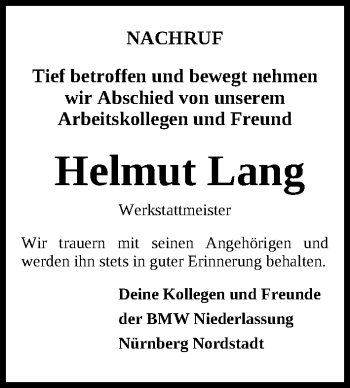 Traueranzeige von Helmut Lang von Gesamtausgabe Nürnberger Nachrichten/ Nürnberger Ztg.