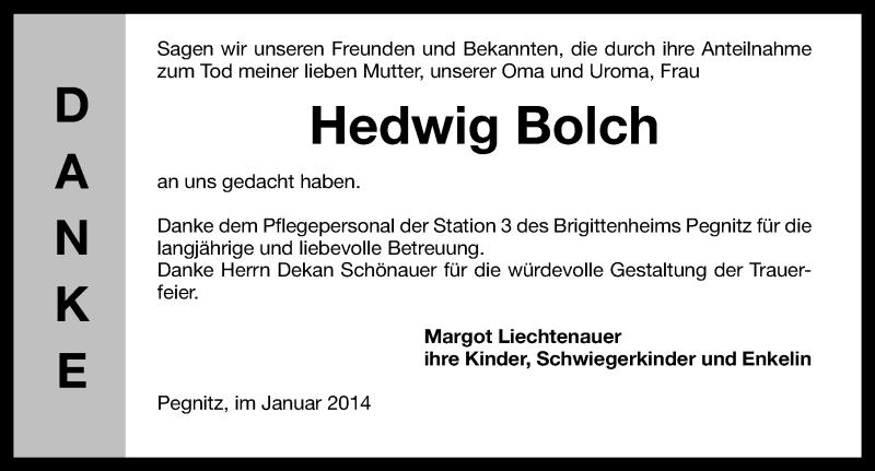  Traueranzeige für Hedwig Bolch vom 04.01.2014 aus Nordbayerische Nachrichten Pegnitz Lokal