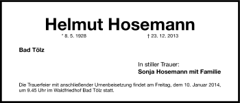 Traueranzeige von Helmut Hosemann von Gesamtausgabe Nürnberger Nachrichten/ Nürnberger Ztg.