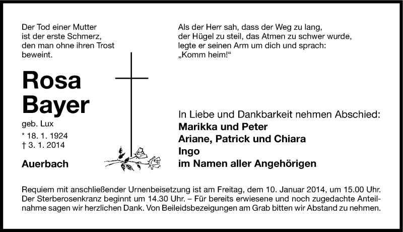  Traueranzeige für Rosa Bayer vom 08.01.2014 aus Nordbayerische Nachrichten Pegnitz Lokal